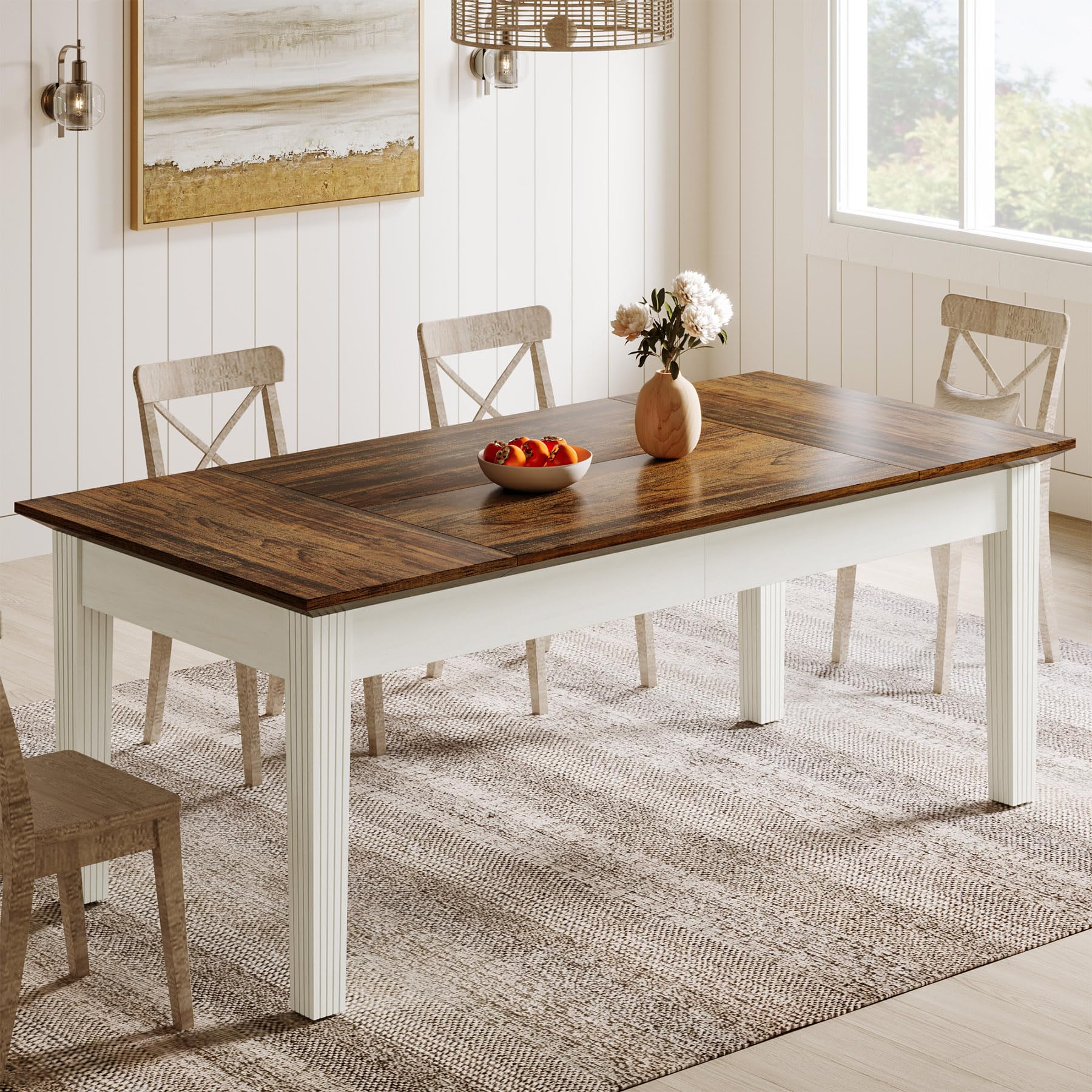 62-Inch Rectangular Dining Table with Solid Wood Legs - Rustic Brown & Cream White