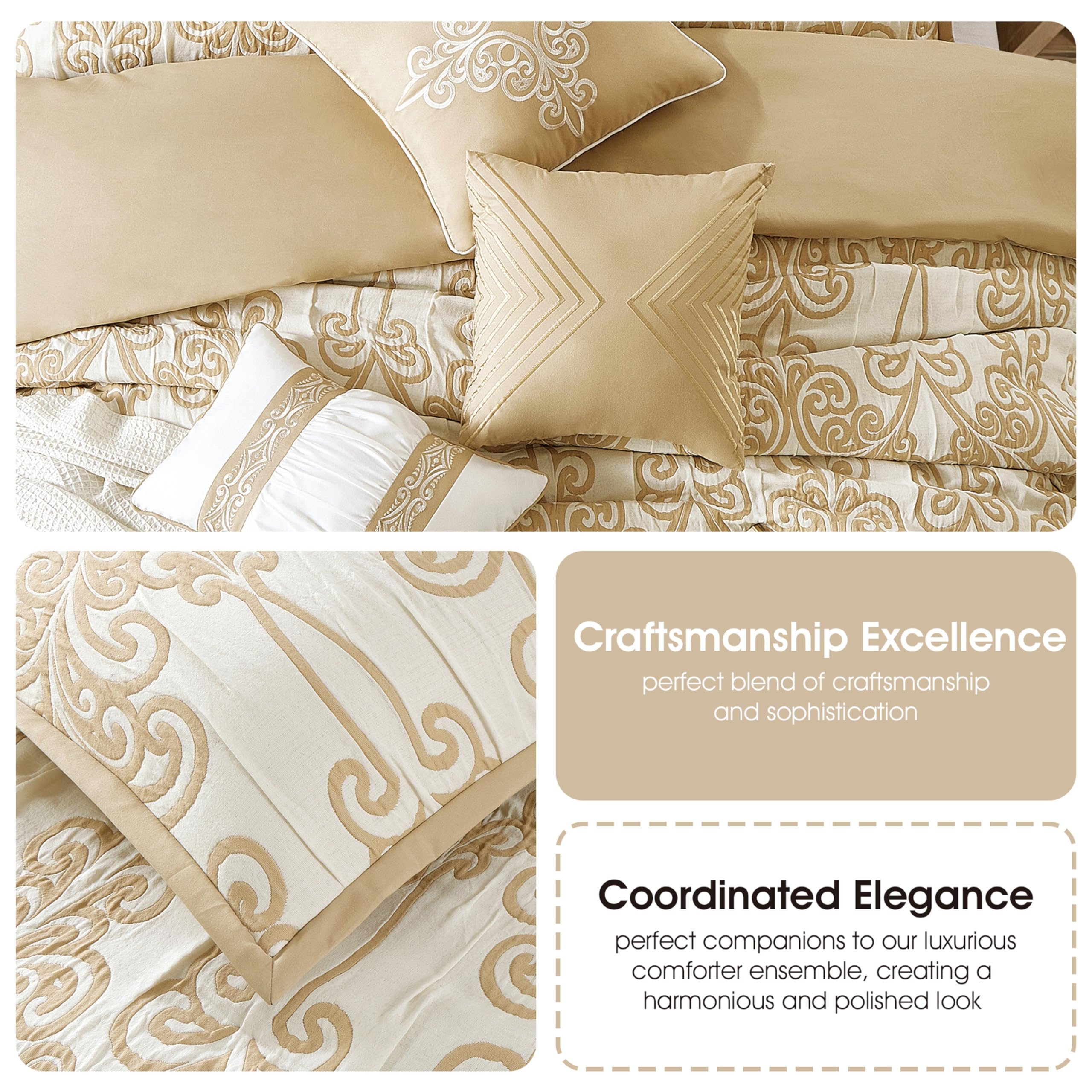 Beige and Gold Jacquard Floral Comforter Set - Queen Size 9 Piece