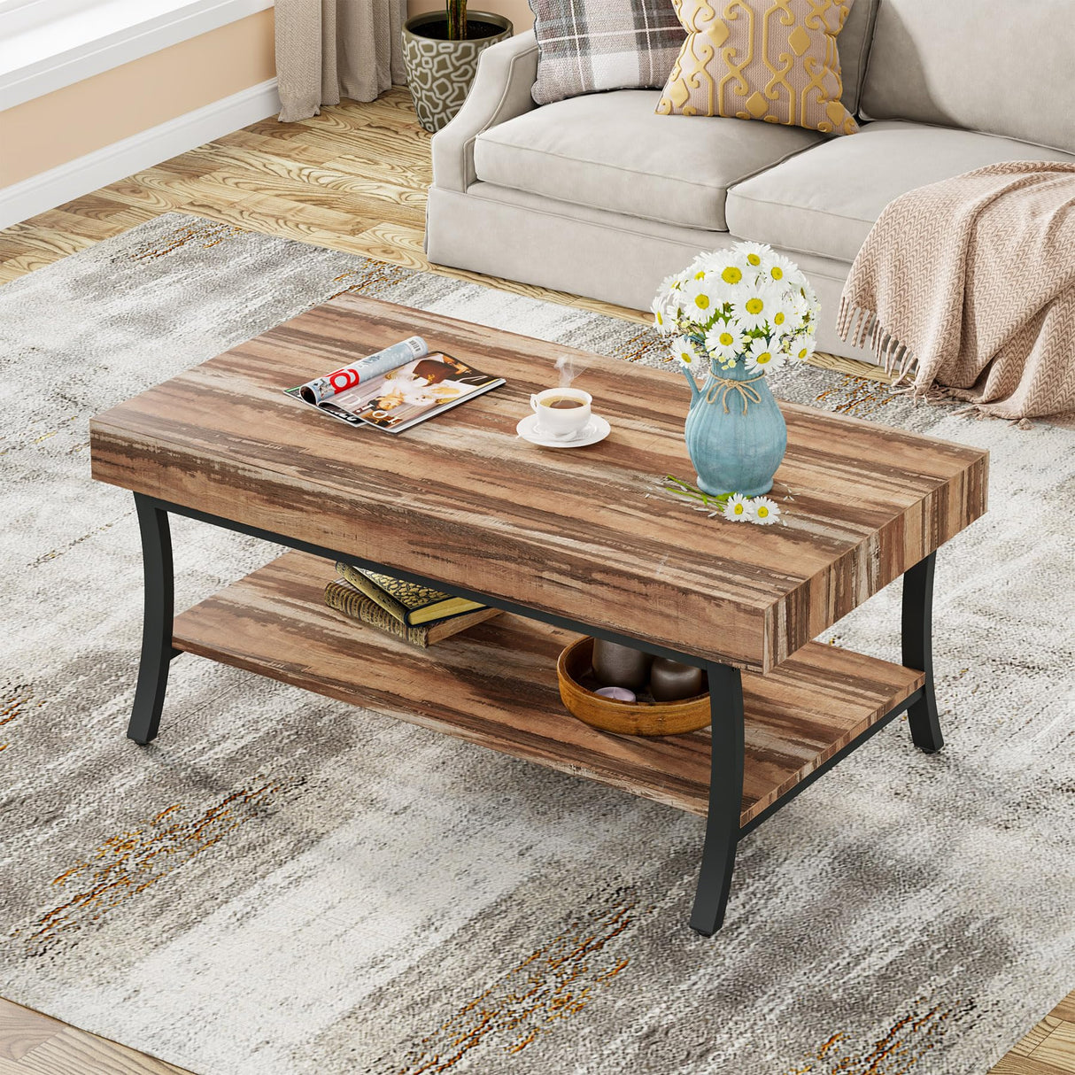 Farmhouse Coffee Table with Storage, 2-Tier Rustic Living Room Table Industrial Center