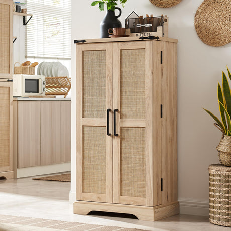 47" Kitchen Pantry with Rattan Doors, Storage Cabinet with Organizer and Adjustable