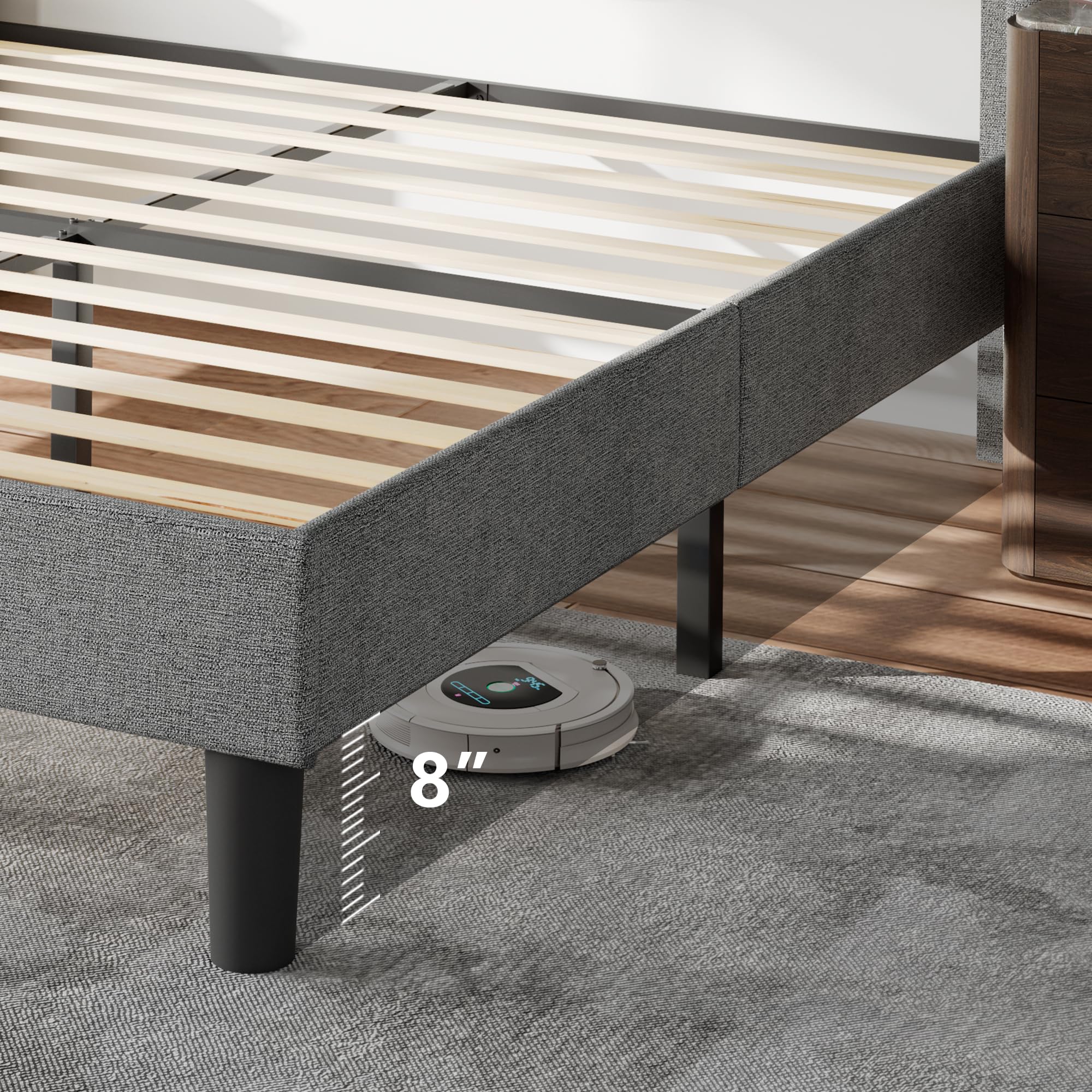 Full Size Bed Frame with Charging Station, Upholstered Platform Bed Frame