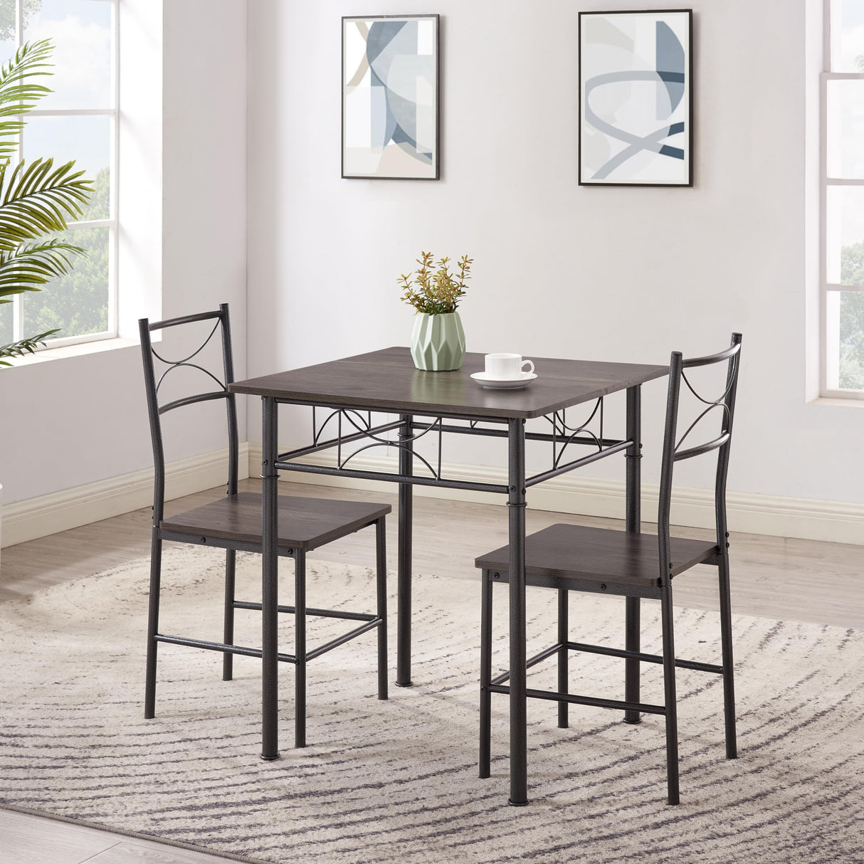 3-Piece Metal and Wood Indoor Modern Square Dining Table Furniture Set