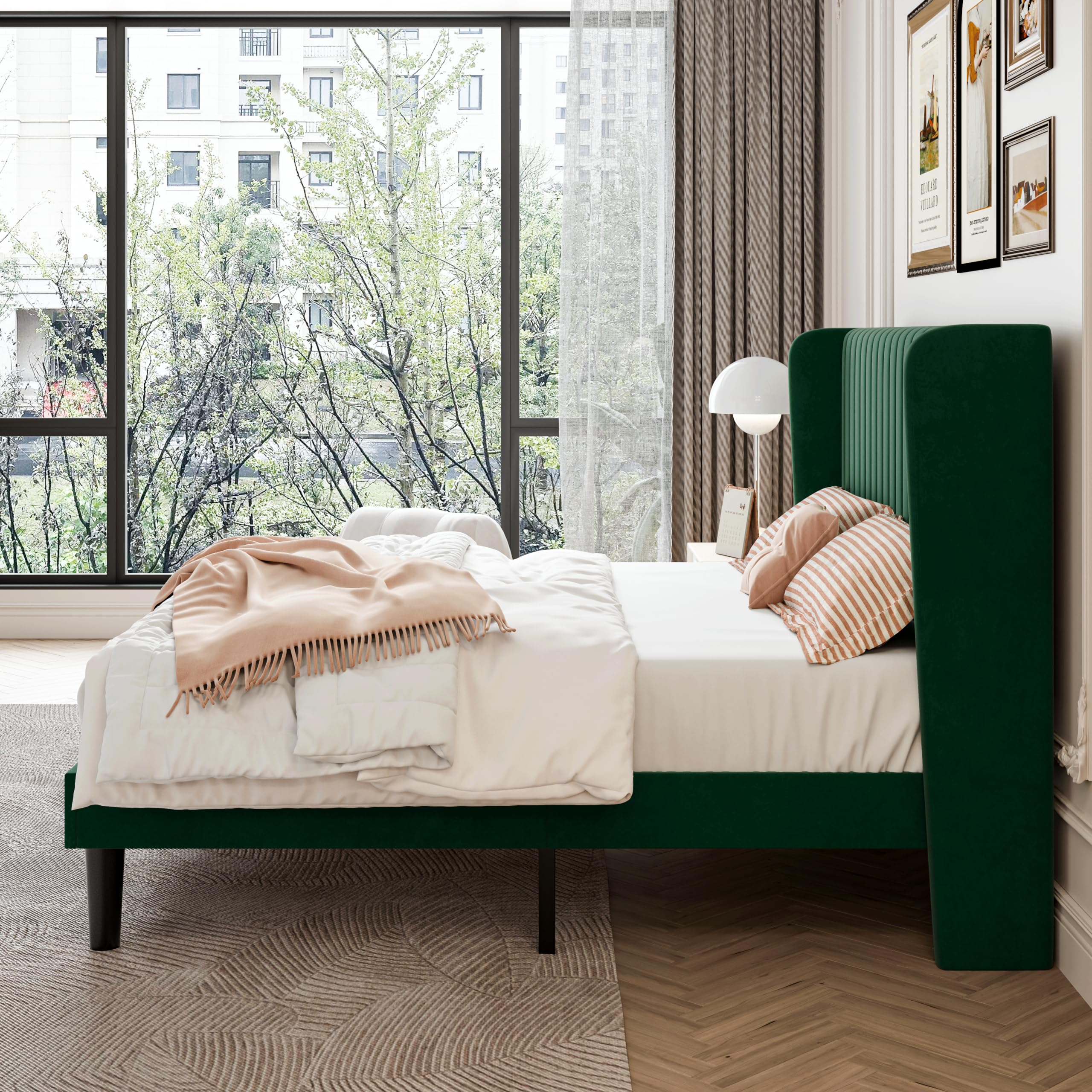 Queen Size Velvet Bed Frame with Vertical Channel Tufted Wingback Headboard