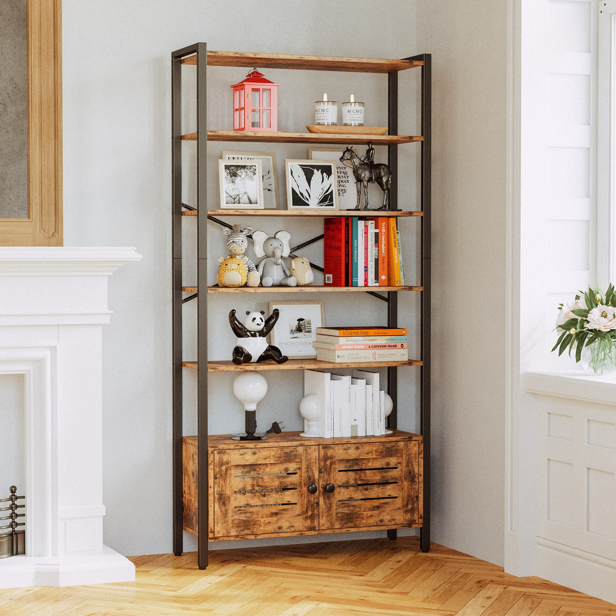 Bookshelf and Bookcase with Adjustable 5 Shelves, 70" H x 31.5" W Wide Bookshelves