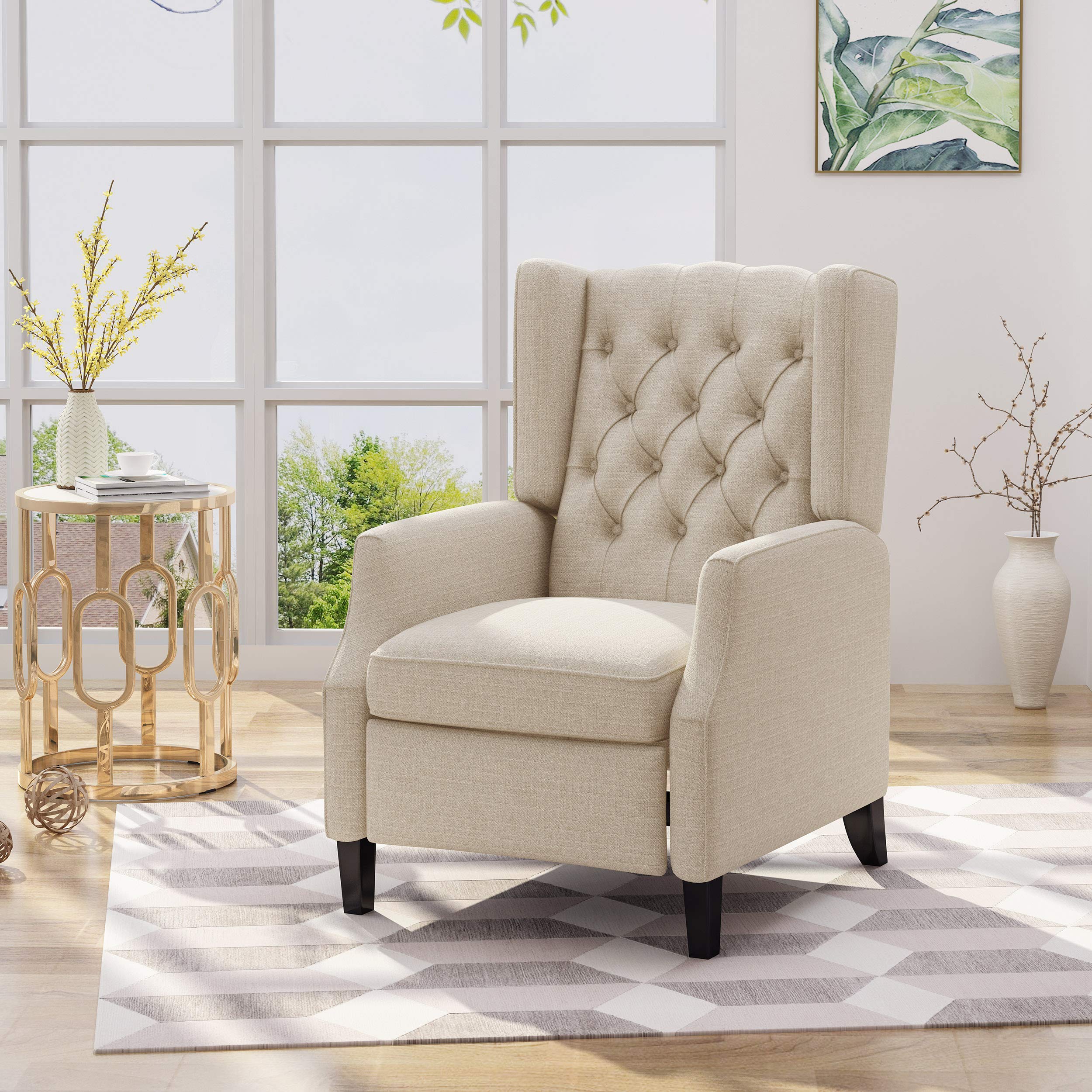Diana Wingback Recliner, Light Beige Tweed + Dark Brown
