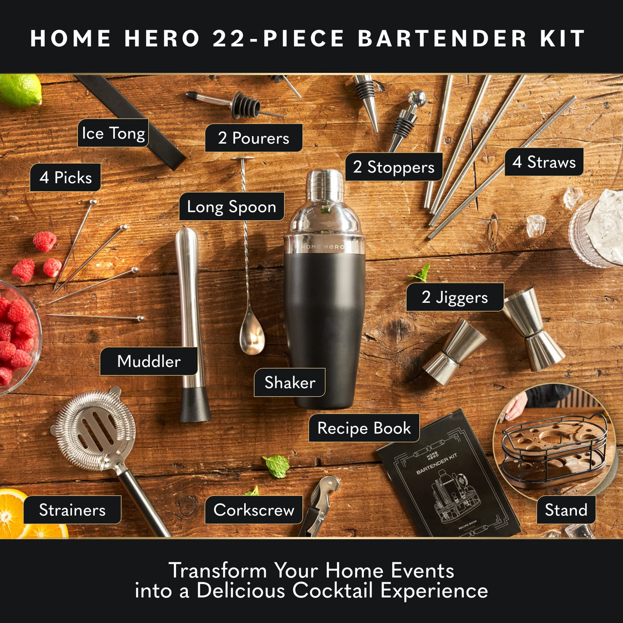 22-Piece Bar Set, Cocktail Shaker, Bartender Kit - Cocktail Kit, Bar Accessories