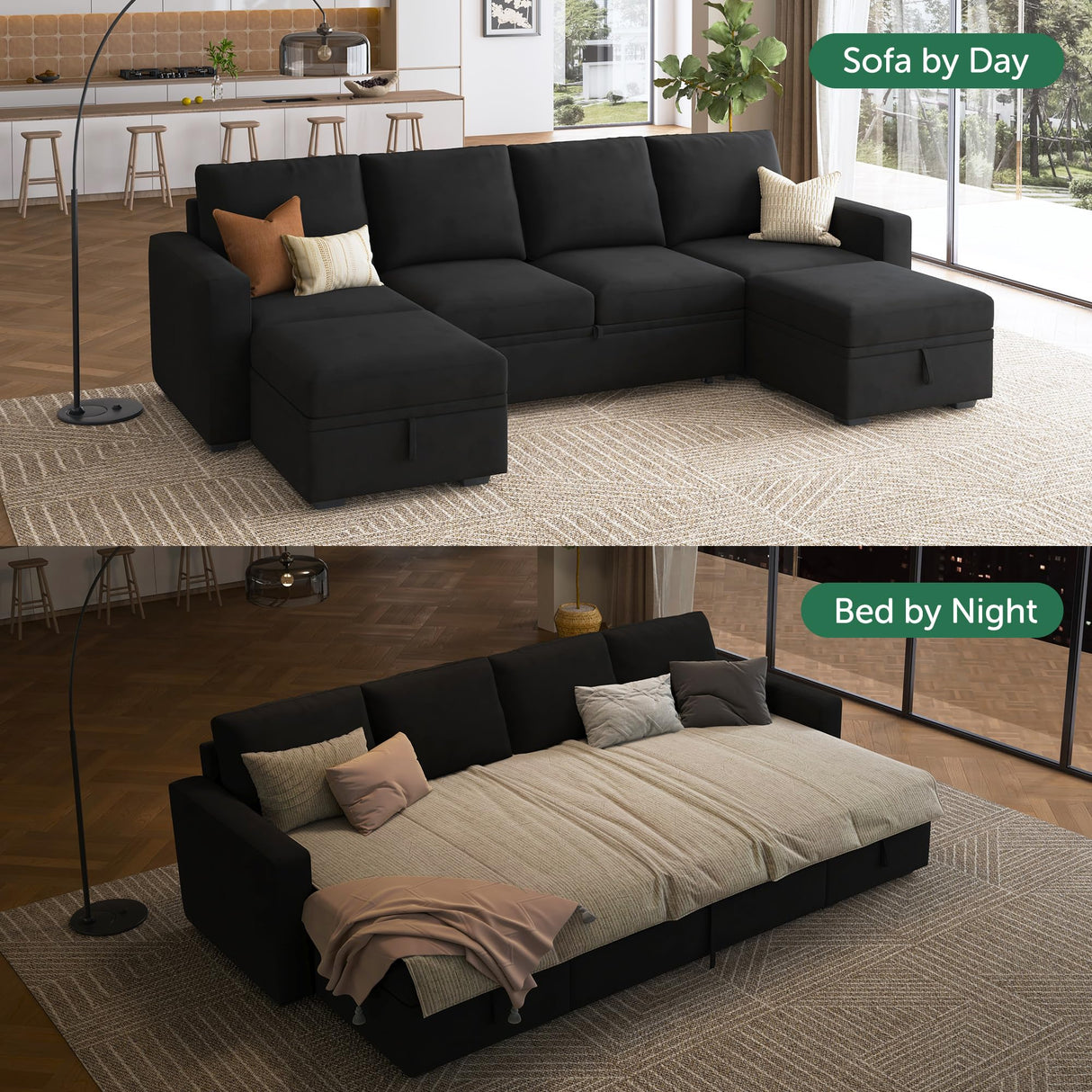 Modular Sectional Sleeper Sofa Bed, Velvet Sectional Couch with Pullout Bed U Shaped