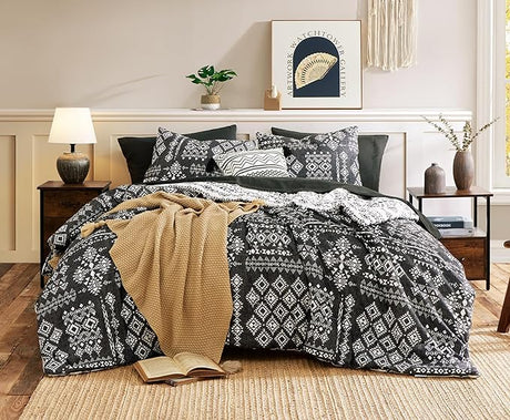 Queen Comforter Set, Boho Bed in a Bag 7PCS, Grey Reversible Aztec Pattern,