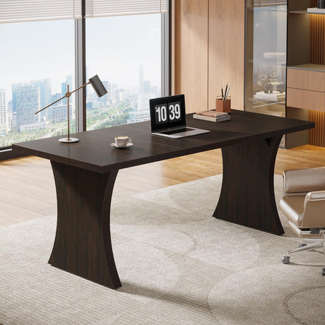 Executive Desk, Long Computer Table, Workstation with Heavy Duty Wood Legs, Modern