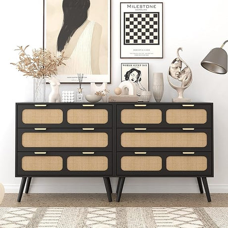 3 Drawer Dresser, Modern Rattan Dresser Chest with Wide Drawers and Metal Handles