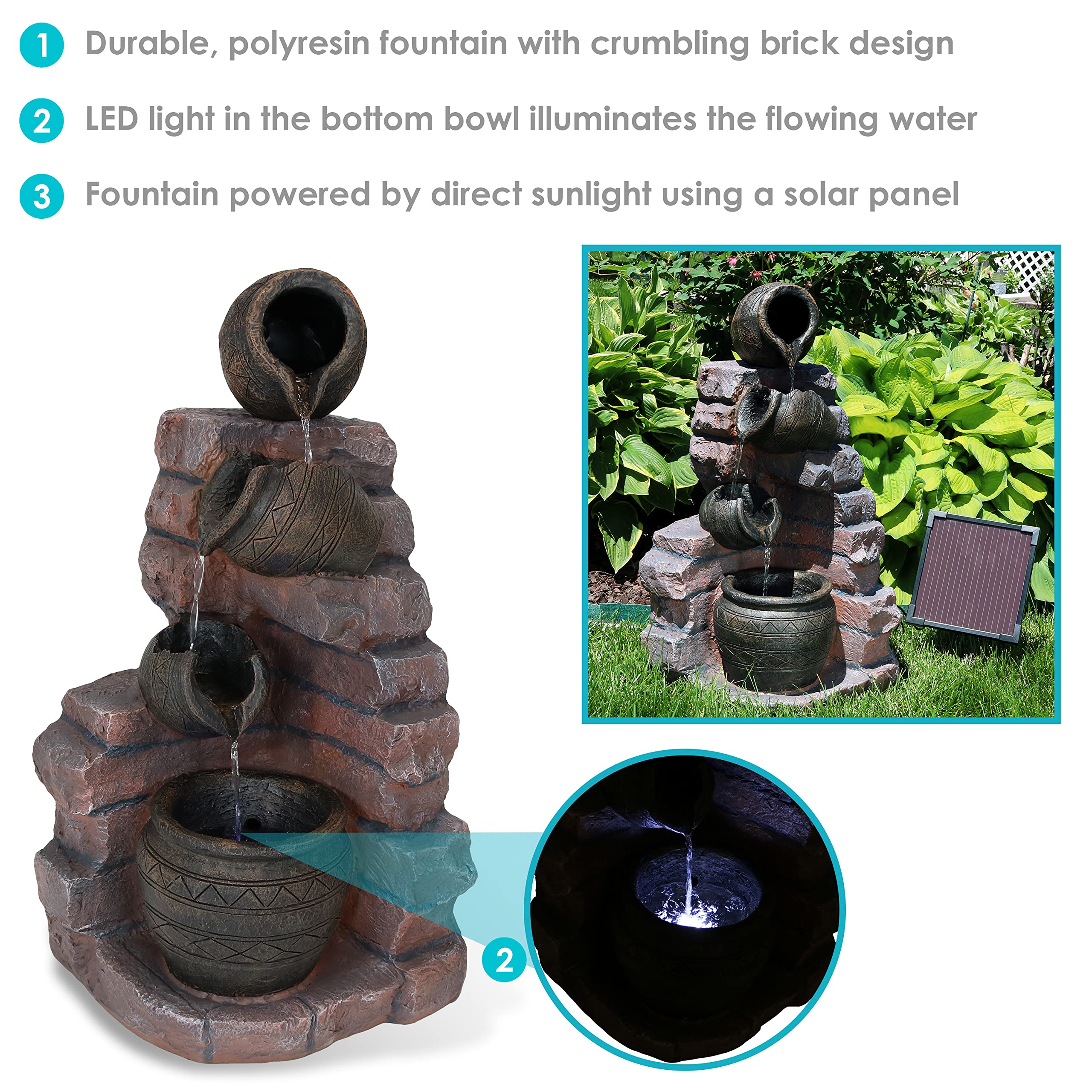 Crumbling Bricks and Pots 27-Inch Solar Fountain with LED Lights and Battery-Powered
