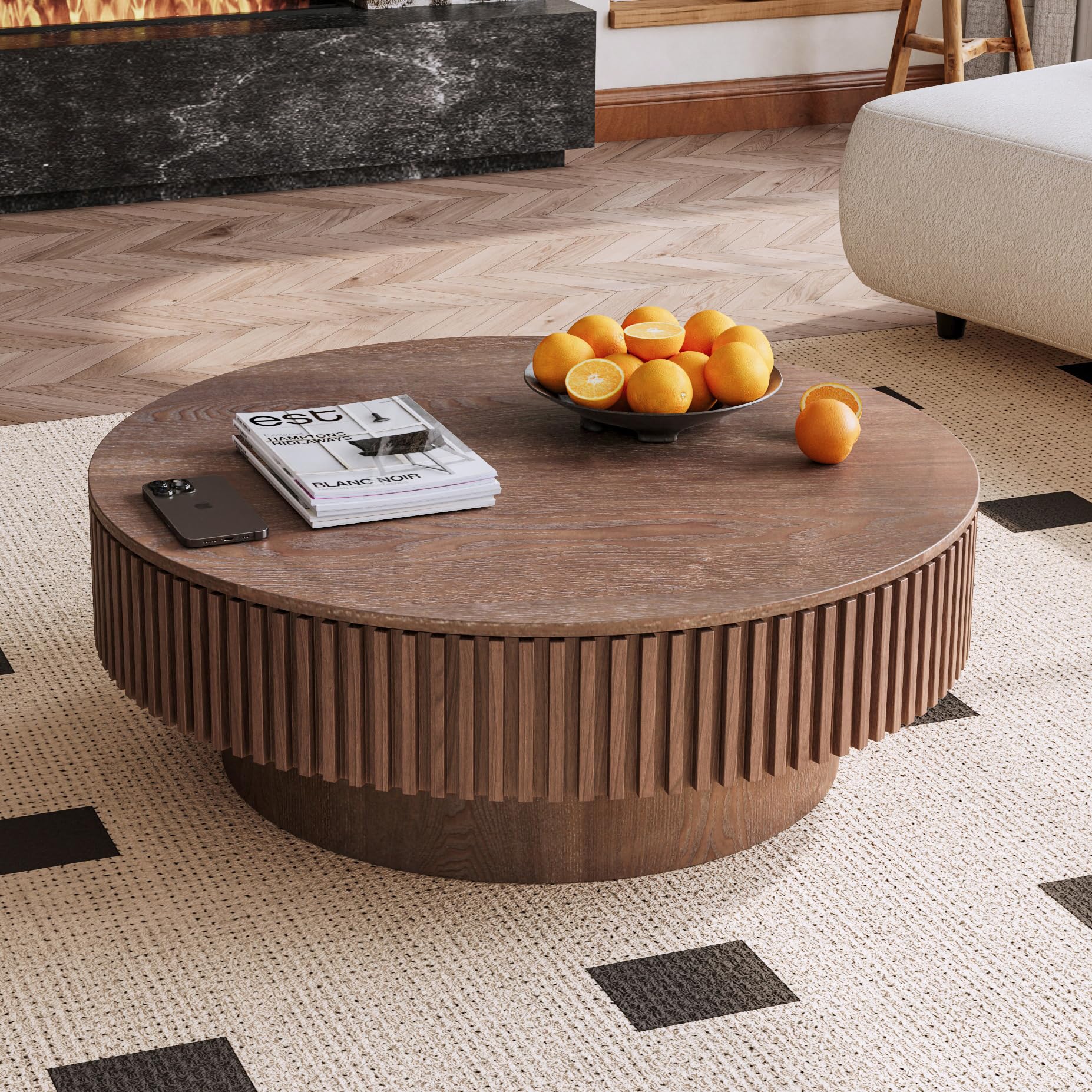 39.37'' Natural Coffee Table Modern Handcraft Drum Round Circle Wooden Solid Wood