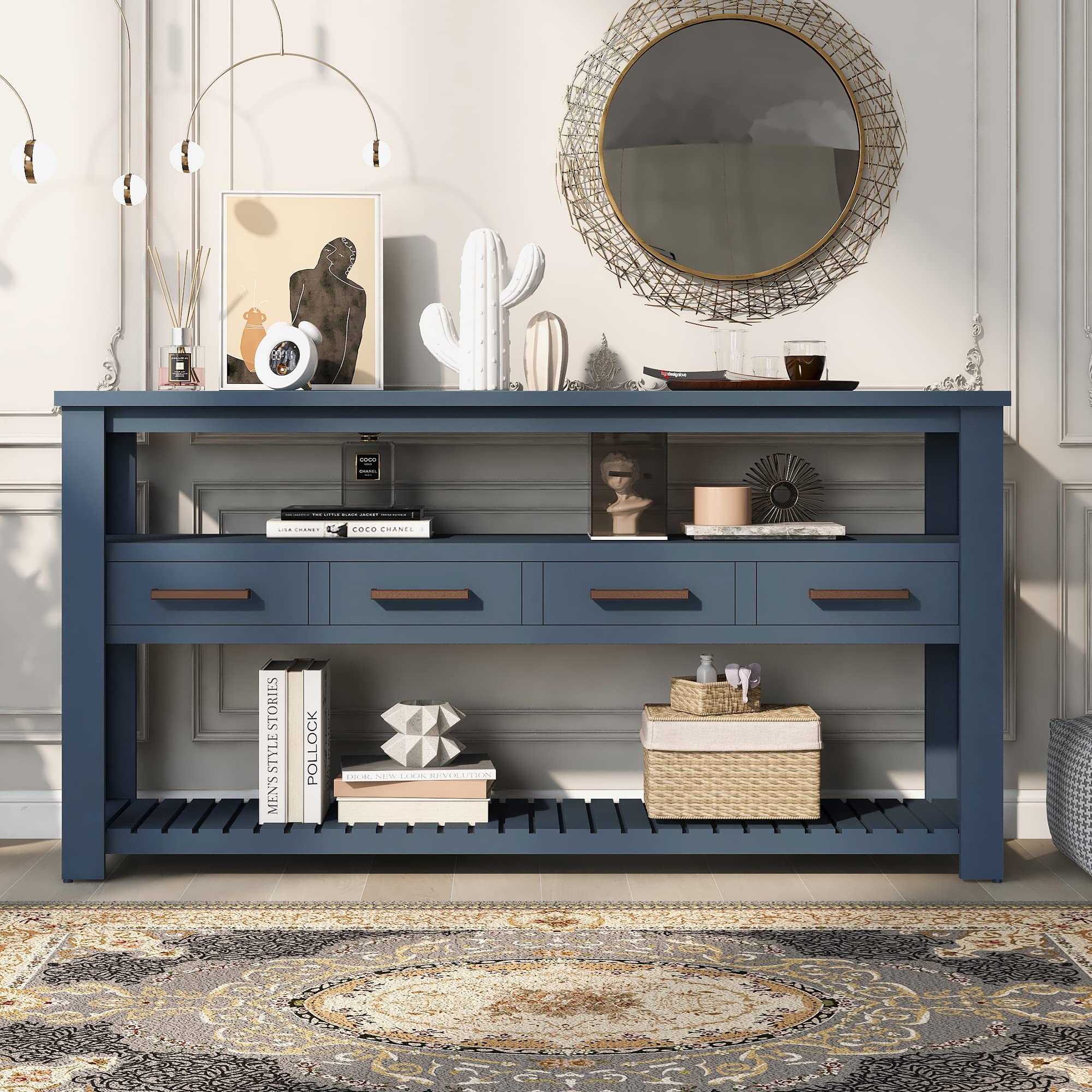 62.2" Farmhouse Long Console Table, Entryway Table with 4 Drawers and 2 Shelves