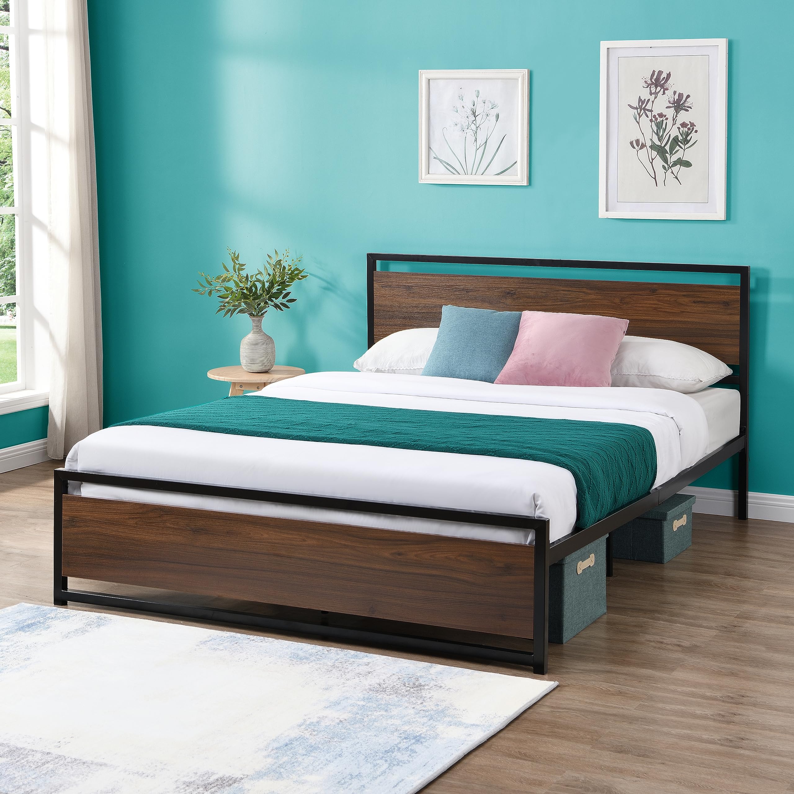 Bed Frame, Mattress Foundation Metal Platform with Wood Headboard