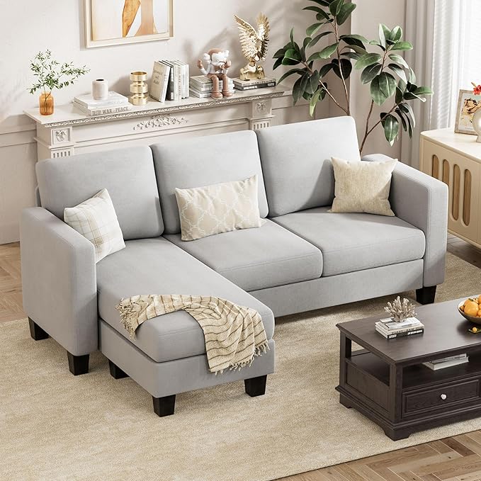 Convertible Sectional Sofa Couch, 3 Seat L-Shaped Sofa with Linen Fabri