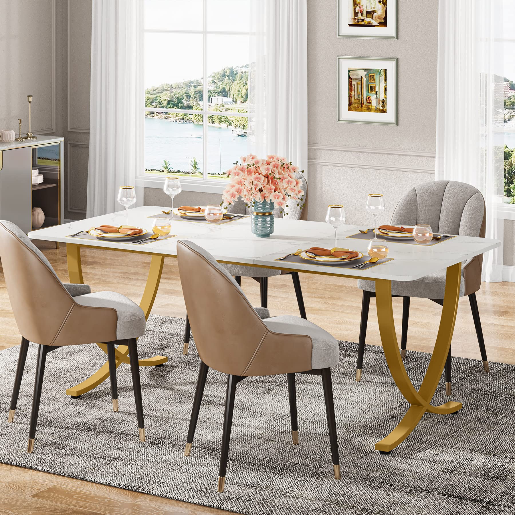 Dining Room Table, Kitchen Table with Faux Marble Table Top and Gold Metal Legs