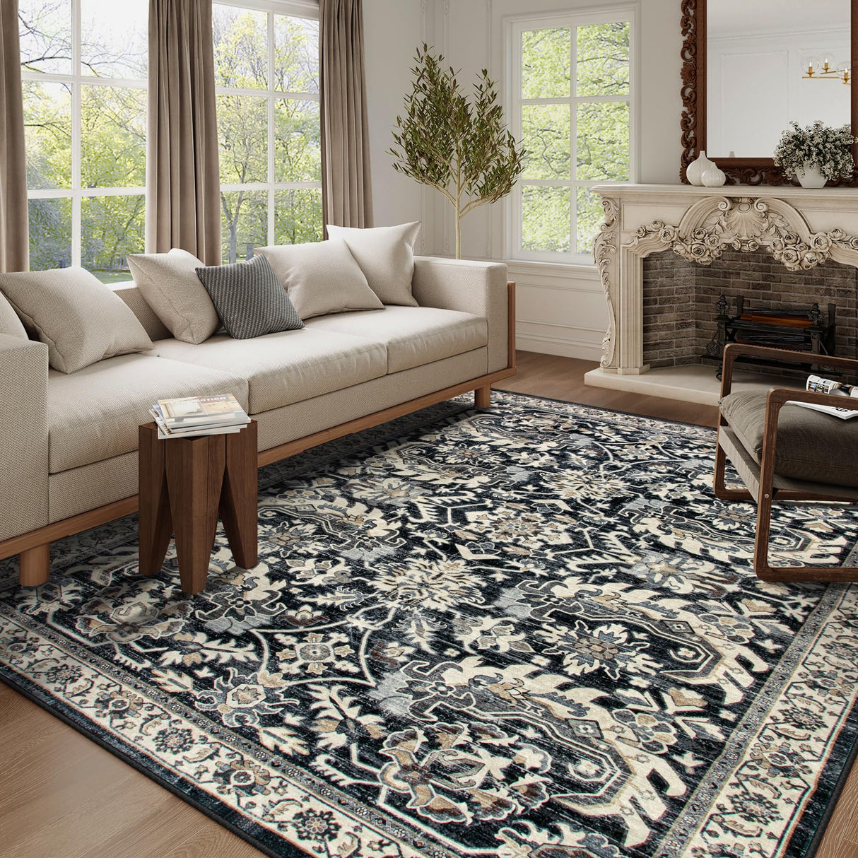 Black Living Room Rugs 8x10, Vintage Washable Grey Rug for Bedroom Dining Room,