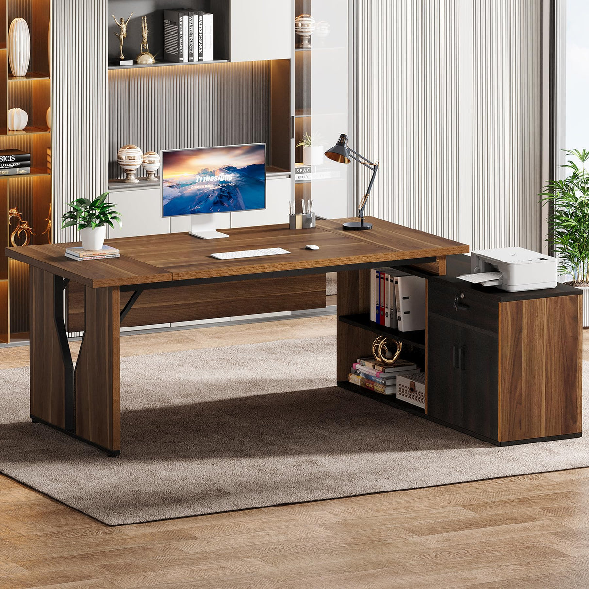 78.74 Inch Executive Desk with Cabinet, L-Shaped Office Desk with Locking