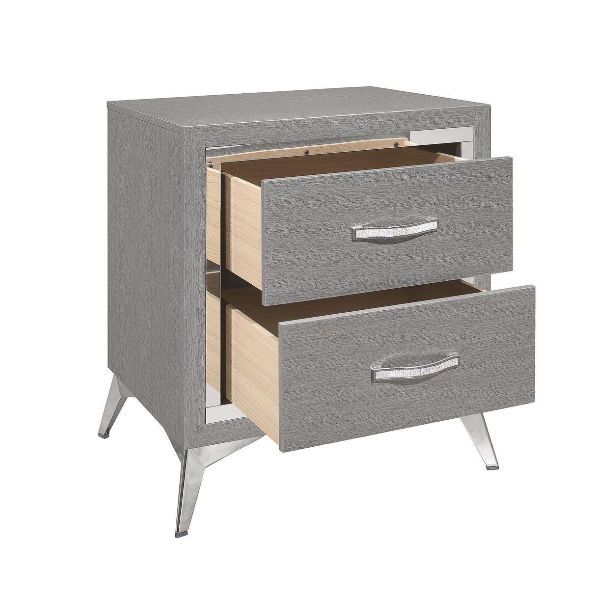 2 Drawer Embossed Smooth Gray Wood & Silver Trim Nightstand