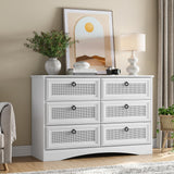 6 Drawer Dresser for Bedroom, White Rattan Dresser with 6 Storage Drawers, Wooden Chest of Drawers with Natural Texture, Storage Drawer Organizer for Living Room, Closet, Hallway