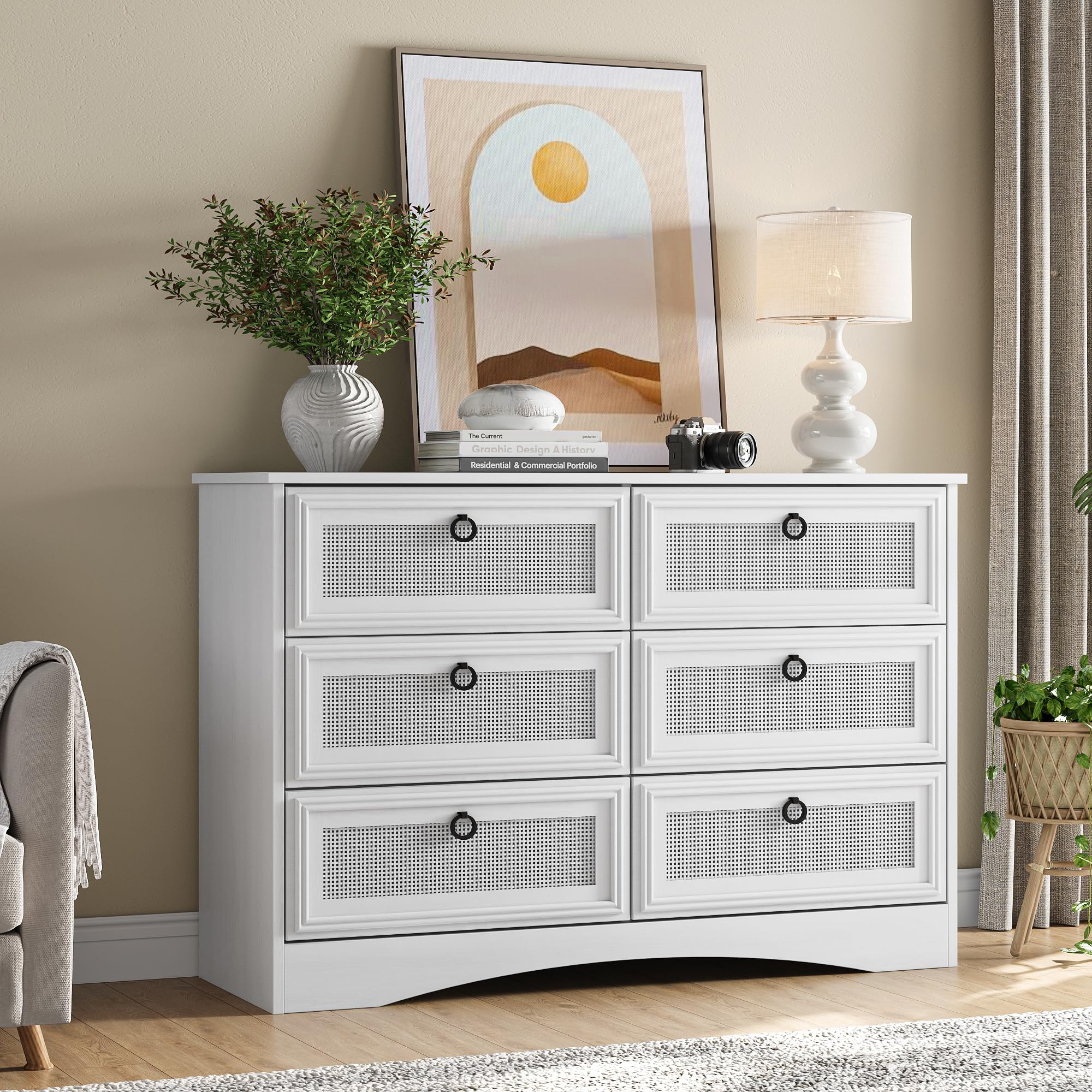 6 Drawer Dresser for Bedroom, White Rattan Dresser