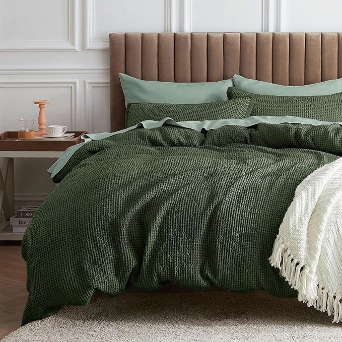 Waffle Comforter Set King, Beige Soft Cotton Bedding, Waffle Weave Bed Set