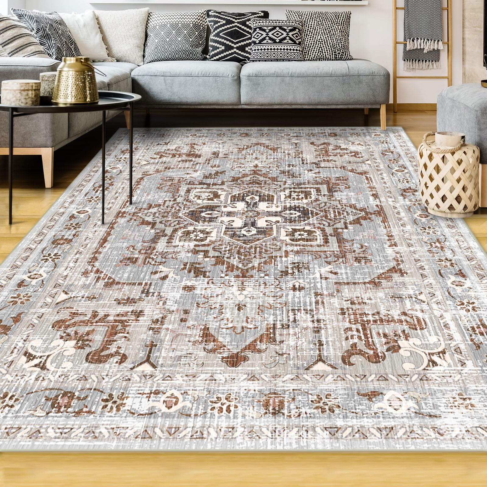 Grey Brown Area Rug, 5x7ft Farmhouse Rugs for Living Room Vintage Washable Boho