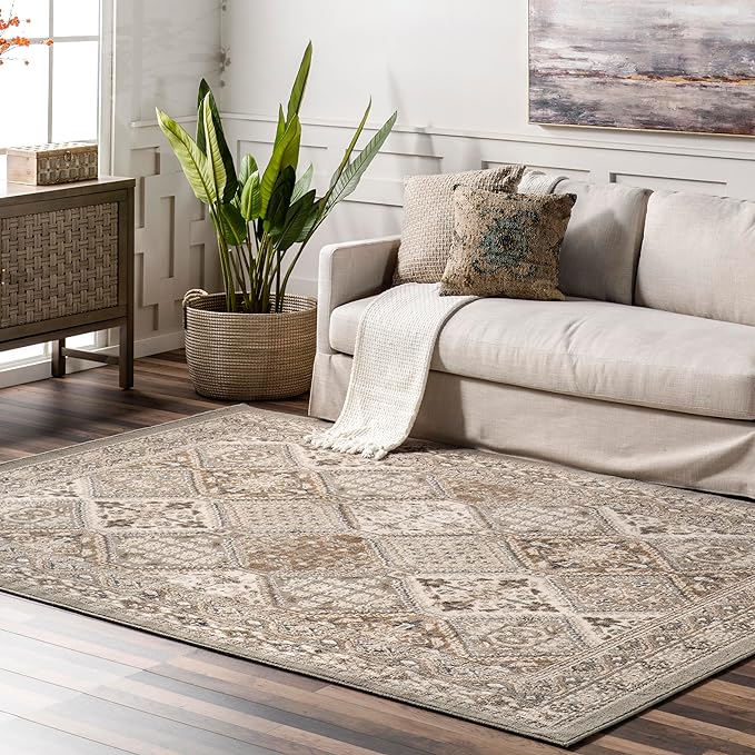 5x8 Becca Traditional Tiled Area Rug, Beige, Faded Transitional Design, Stain Resistant,