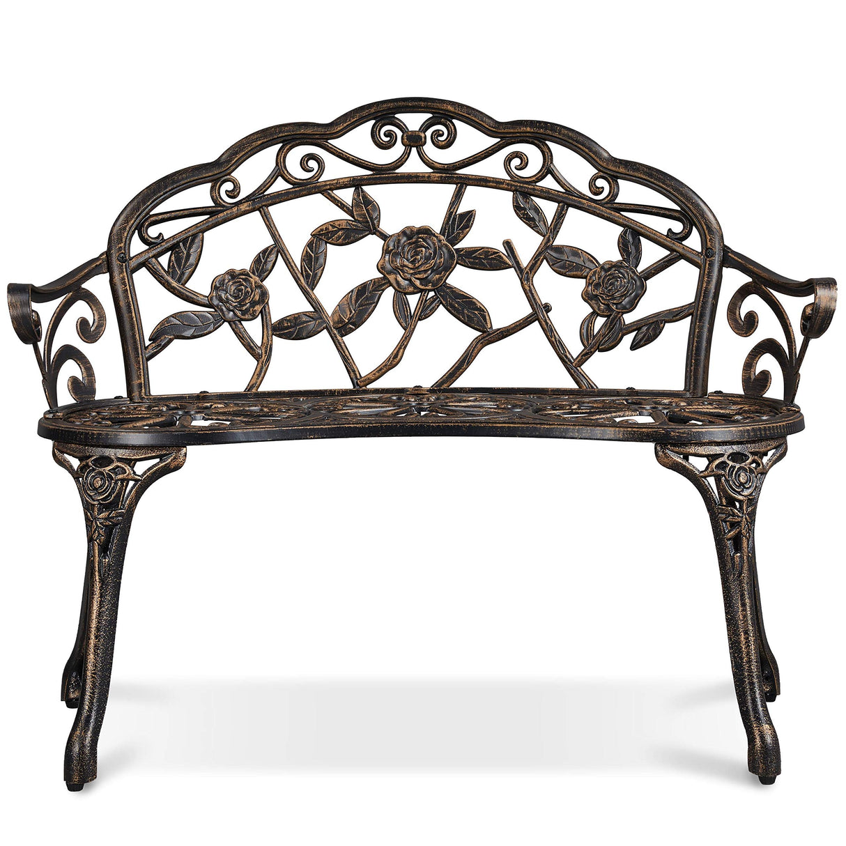 Outdoor Garden Bench Patio Park Bench, Aluminum Floral Rose Accented Antique Metal Bench Loveseat