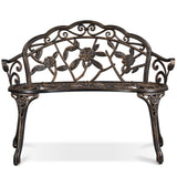 Outdoor Garden Bench Patio Park Bench, Aluminum Floral Rose Accented Antique Metal Bench Loveseat