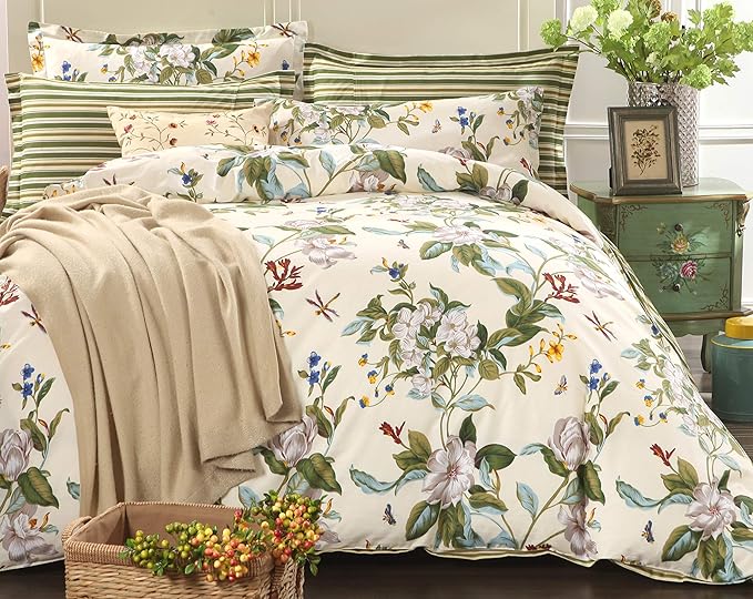 Floral Duvet Cover Set 100% Cotton Green and Beige Striped Shabby Flower Bedding