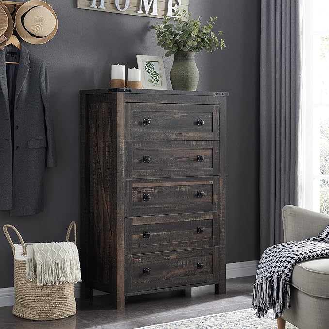 5 Drawers Dresser Chests for Bedroom, Wood Rustic Tall Chest of Drawers