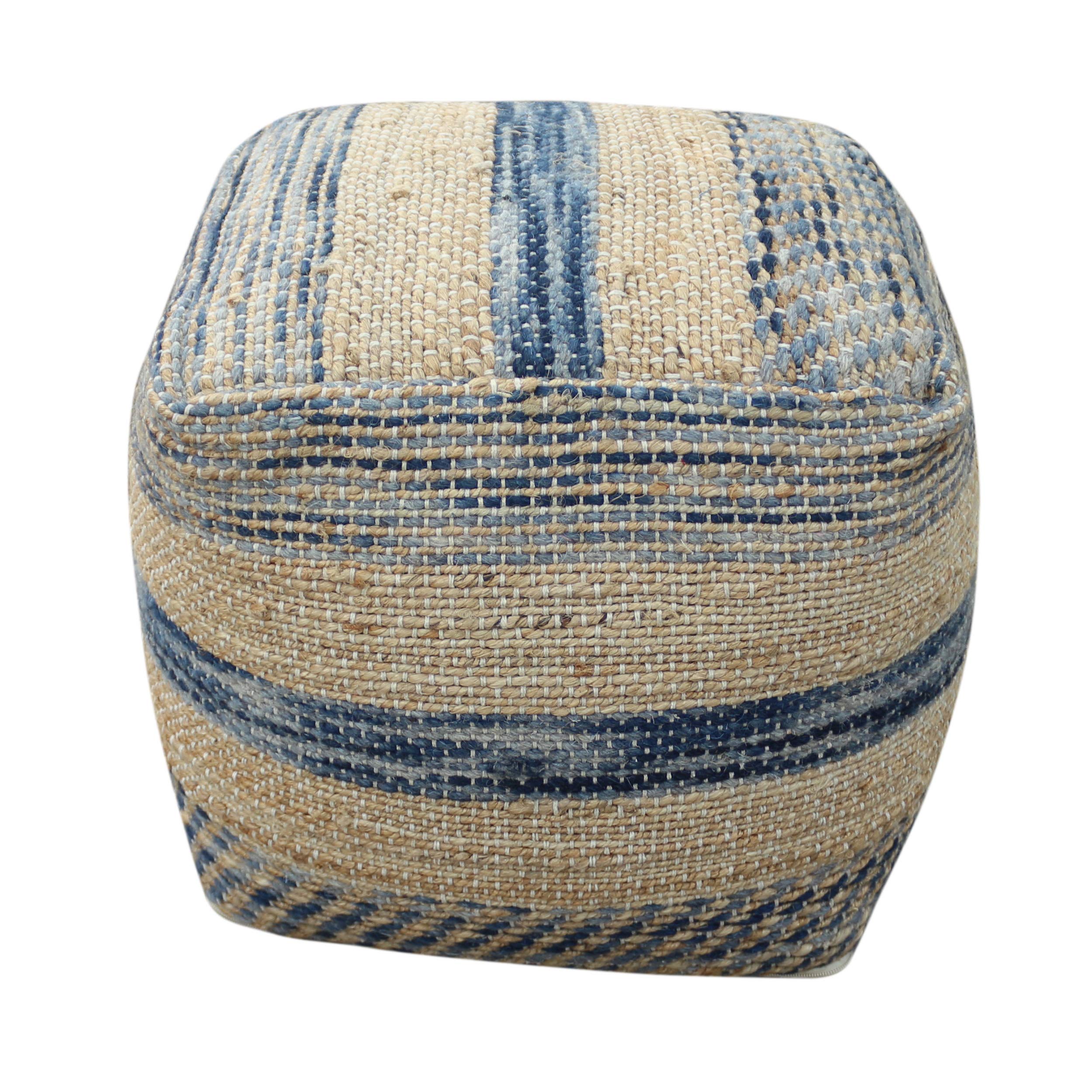 Lola Boho Hemp and Wool Pouf, Natural and Blue
