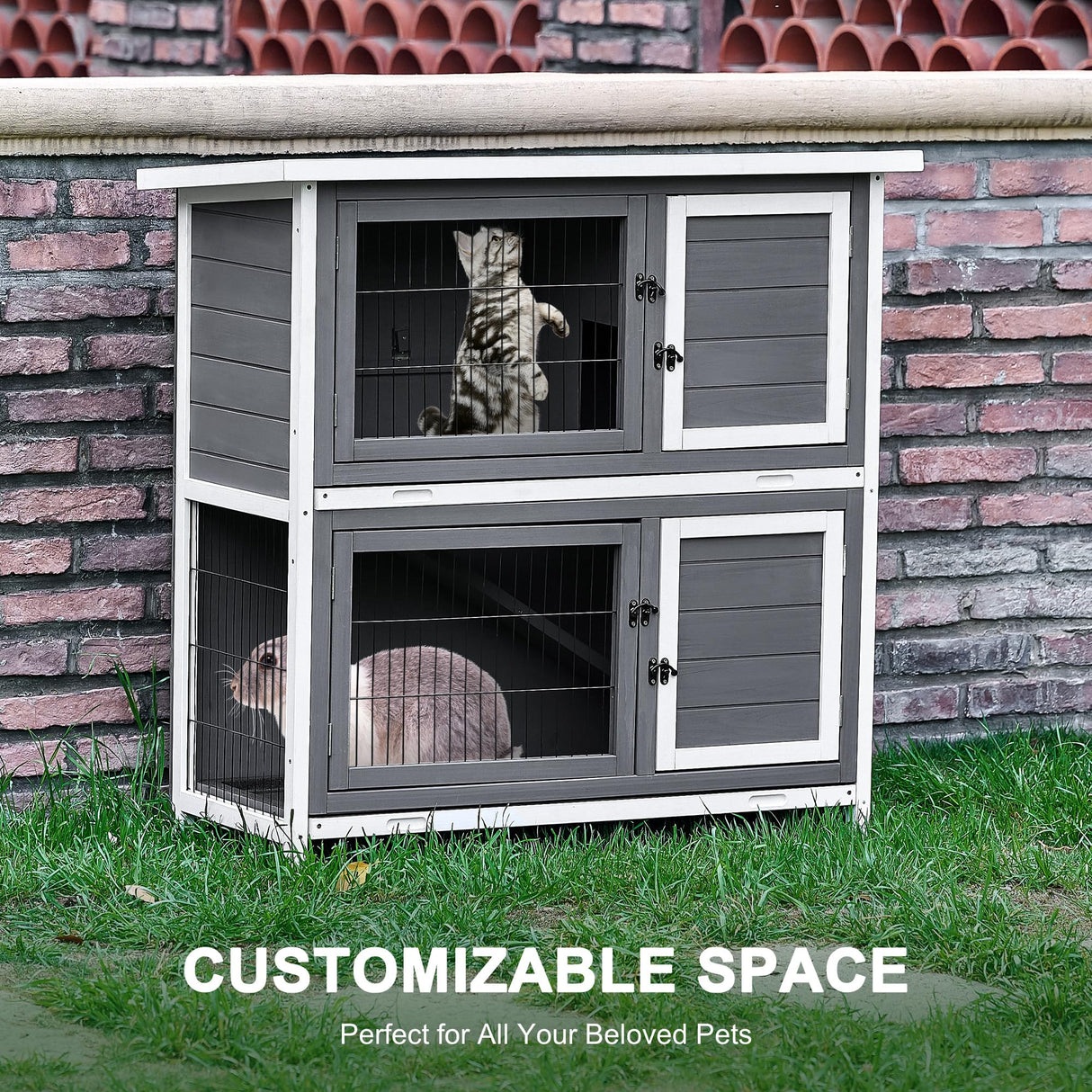 Rabbit Hutch with with 2 Large Separable Rooms, Indoor Outdoor Bunny Cage Rabbit House