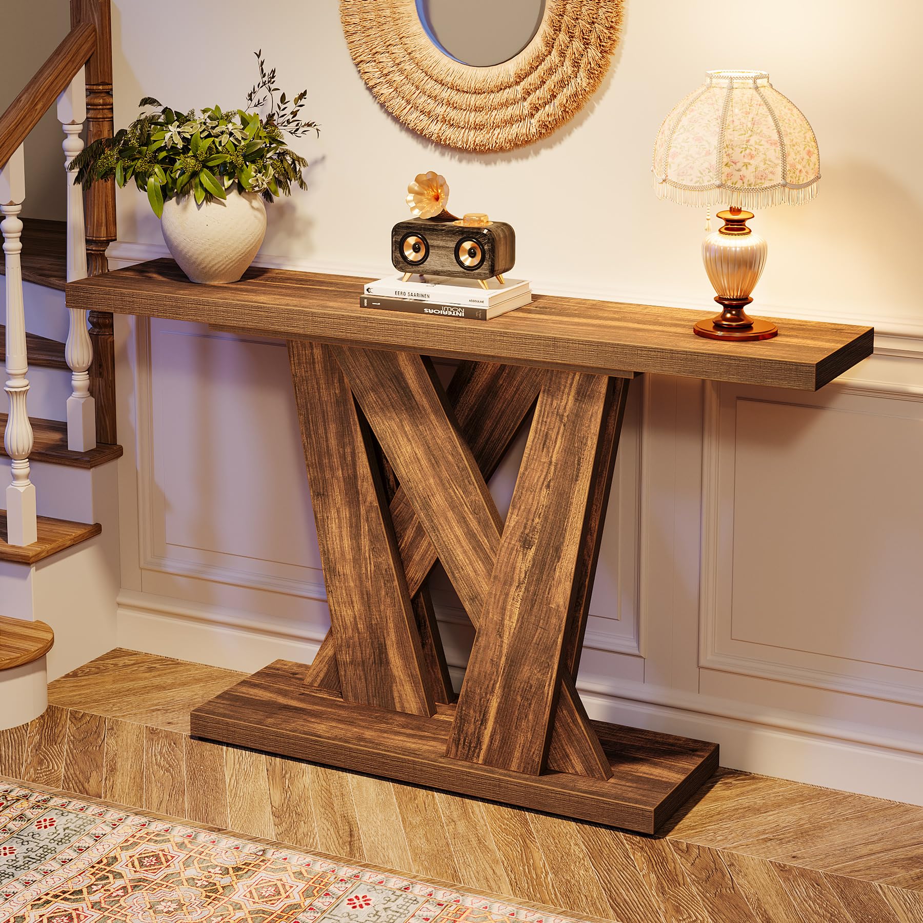 55-Inch Farmhouse Console Table with Geometric Base - Rustic Brown