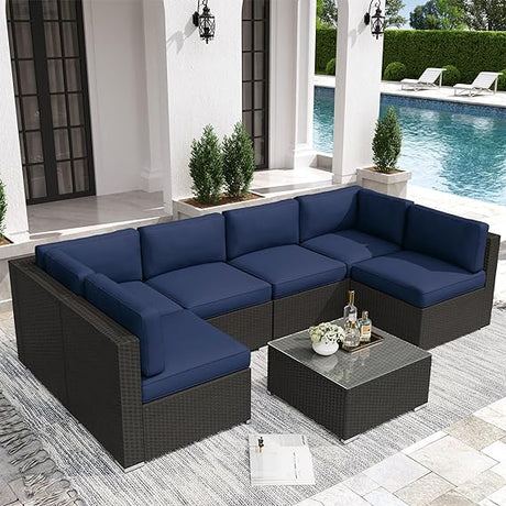 7-Piece Outdoor Patio Furniture Sets, All-Weather Black Wicker Rattan Sectional Sofa