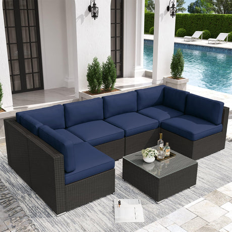 7-Piece Outdoor Patio Furniture Sets, All-Weather Black Wicker Rattan Sectional Sofa