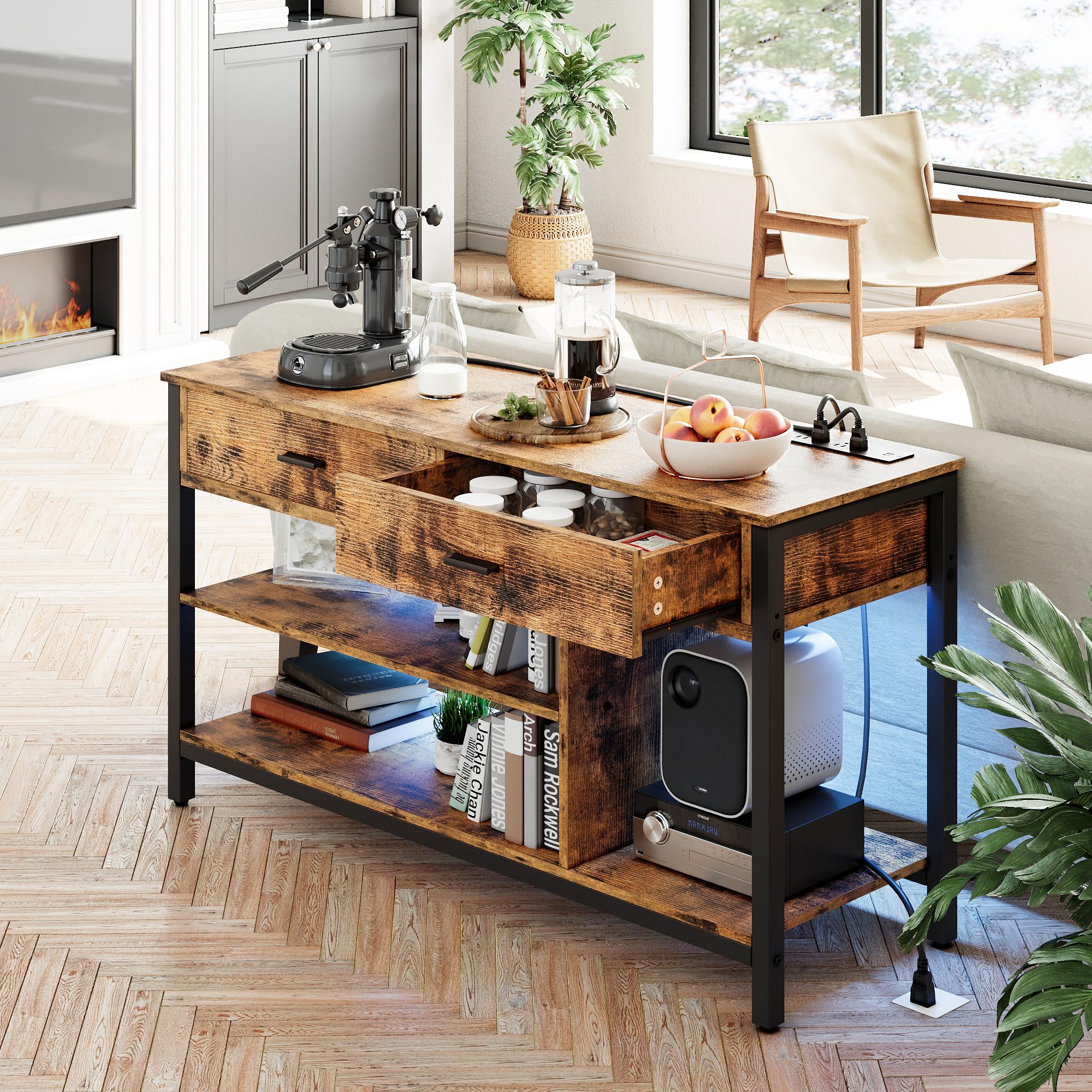 TV Stand LED Lights, Entertainment Center with Power Outlet for 55 Inch TV, Industrial