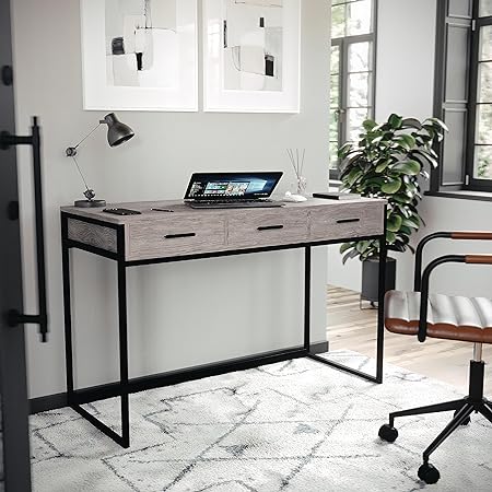 Ollie Home Office Desk with 3 Drawers in Walnut Wood Grain