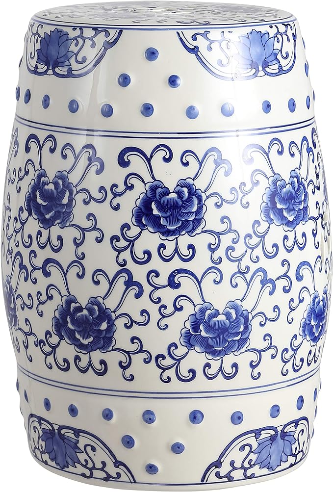 TBL1000A Lotus Flower 17.8" Chinoiserie Ceramic Drum Garden Stool Bohemian,