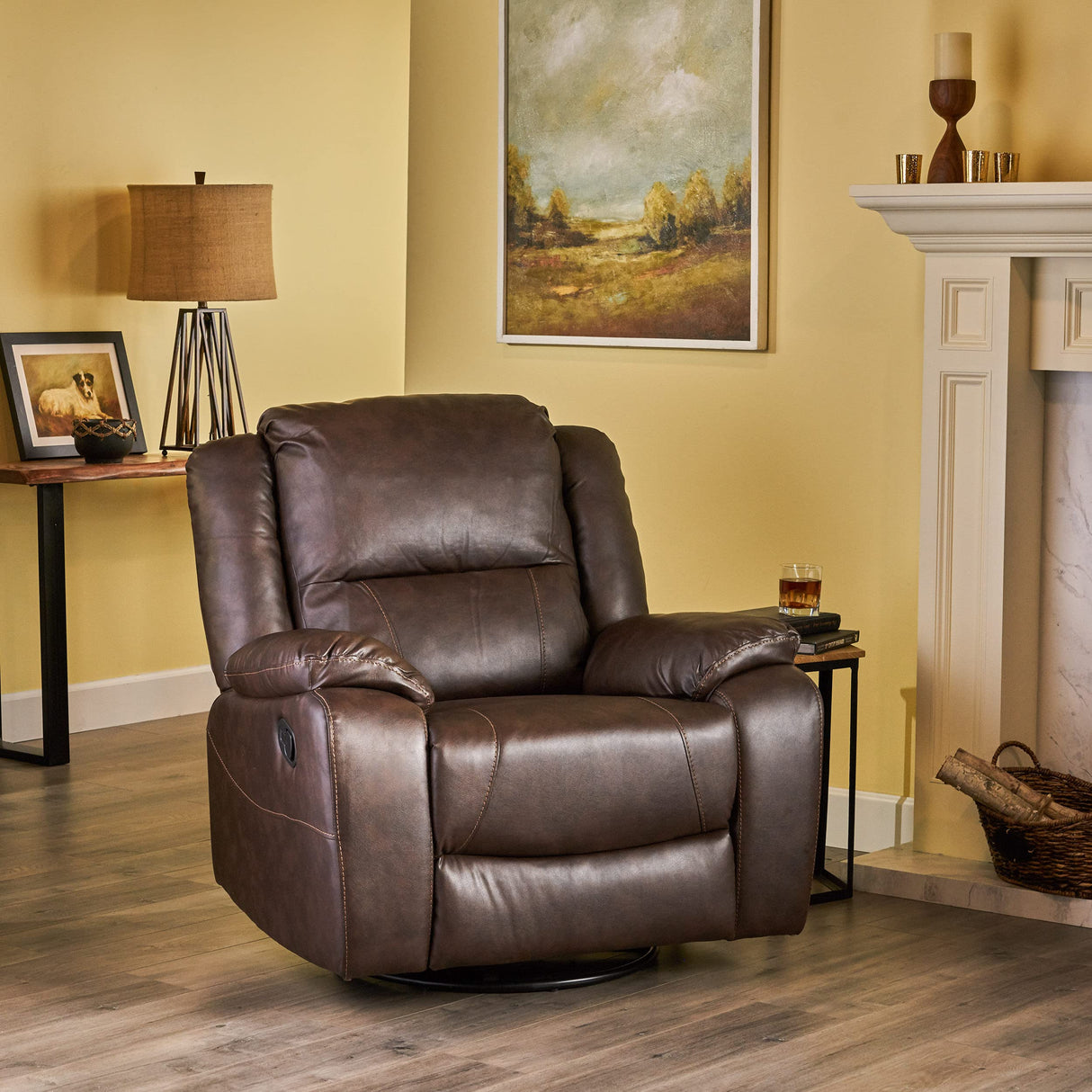 304566 Teresa Classic Tufted Leather Swivel Recliner, Dark Brown/Black