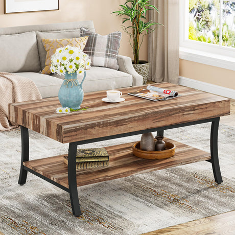 Farmhouse Coffee Table with Storage, 2-Tier Rustic Living Room Table Industrial Center