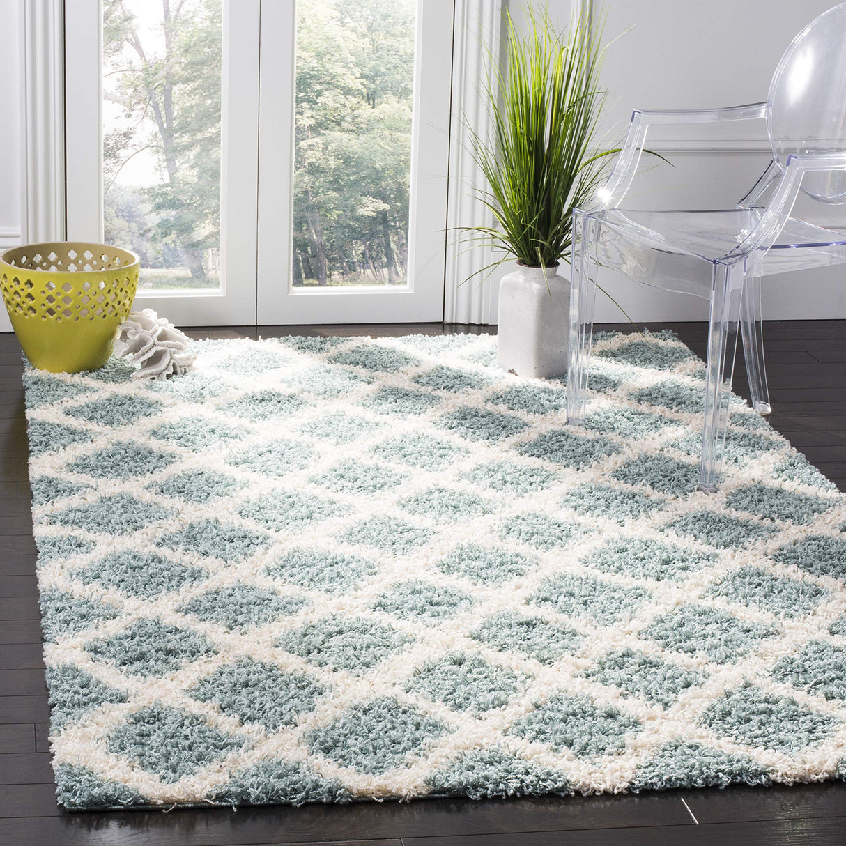 Dallas Shag Collection 8' Square Seafoam / Ivory SGD258C Trellis Non-Shedding