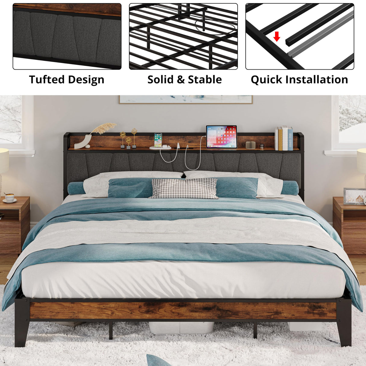 California King Bed Frames, Storage Headboard with Charging Station