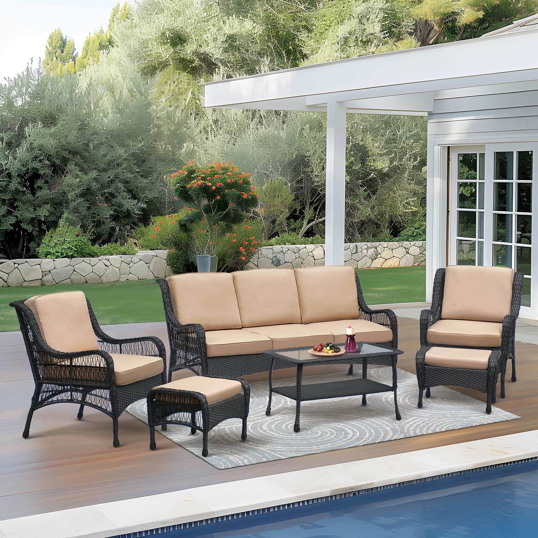 Set of 2 Wicker Ottomans, Outdoor Wicker Footstool with Soft Zippered Cushions