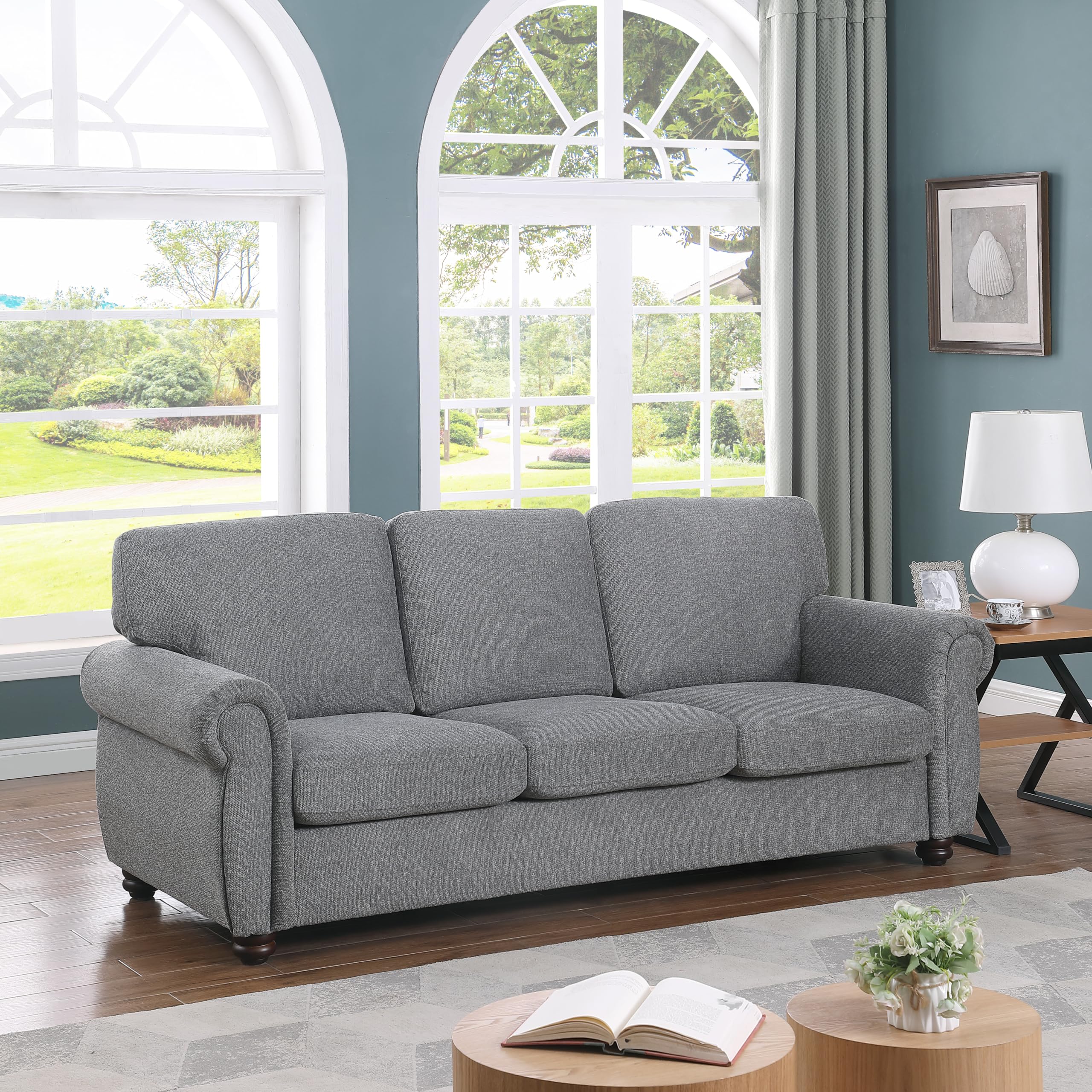 Furniture Home Series Mid-Century Modern 84.65'' Wide Fabric Chenille Couch 3-Seater Sofa with Solid Wood Frame and Brown Legs, Dark Gray