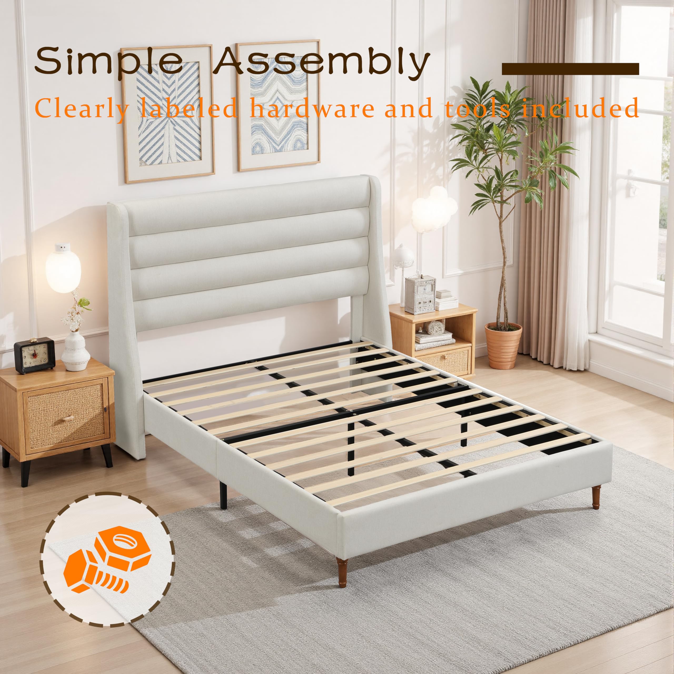 Queen Platform Bed with Wave Headboard - Ivory Chenille