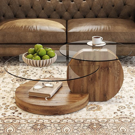 3-Tier Glass Coffee Table, Modern Round Coffee Tables, Circle Wood Coffee Table