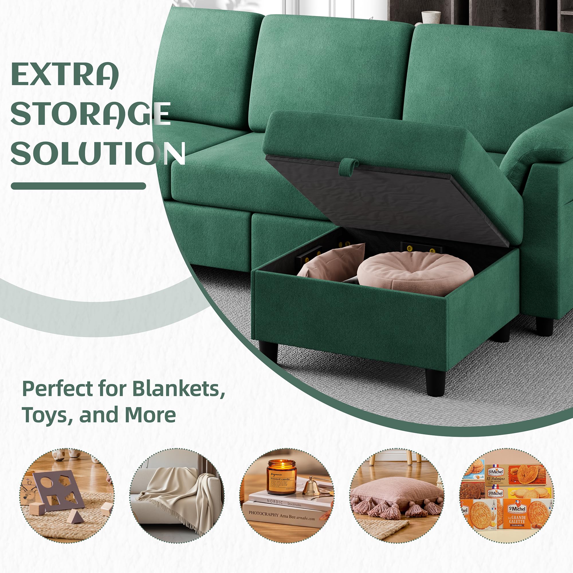 Vongrasig Convertible Sectional Couch, 3 Seat L Shaped Sofa with Removable