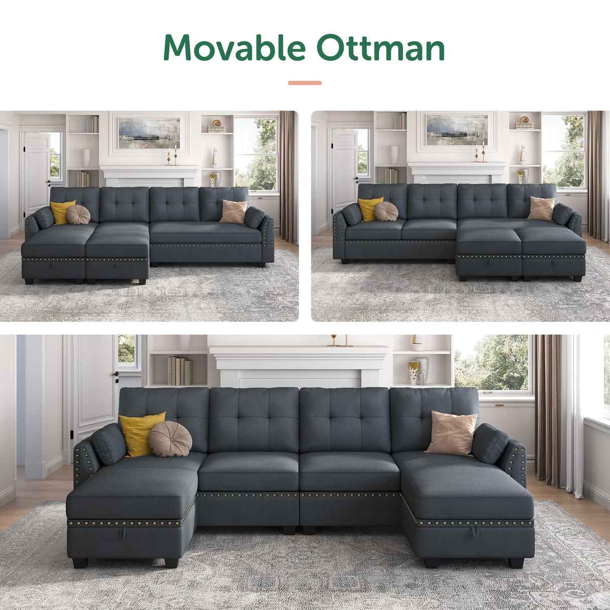 Convertible Sectional Sofa Set U Shaped Couch with Storage Ottoman Reversible Sofa